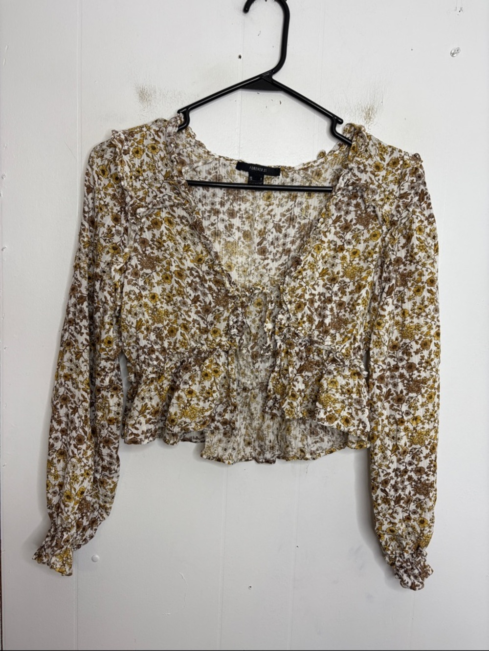Forever 21 Top Womens Small Tie Front Blouse Micro Florals Ruffles Peplum